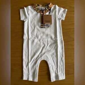 NWT Burberry White Baby Polo Romper with Beige Check Trim 9 Months